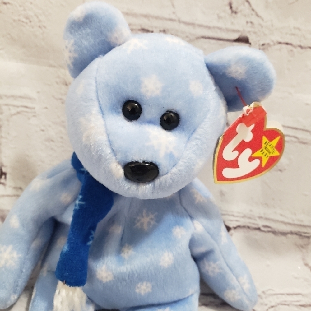 TY 1999 Holiday Teddy Beanbag Plush 9" Baby Blue Snowflake Design Scarf
